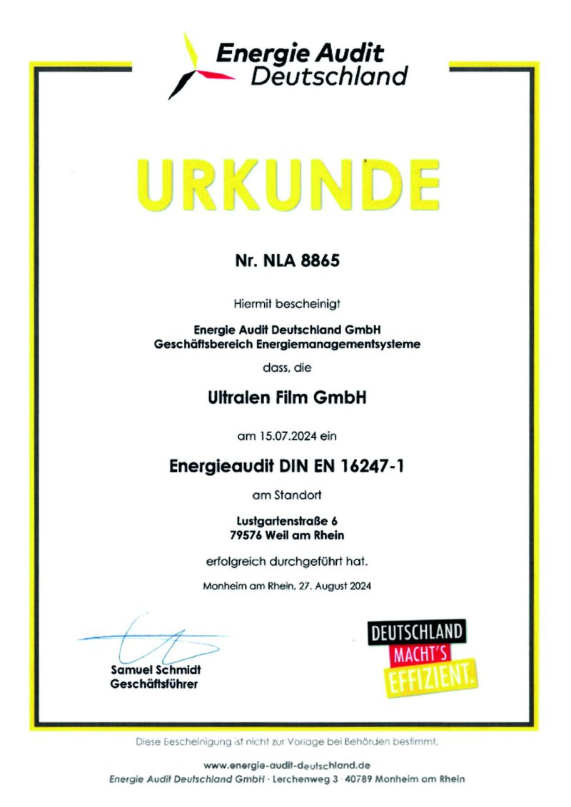 Ultralen Film GmbH Successfully Passes Energy Audit DIN EN 16247-1